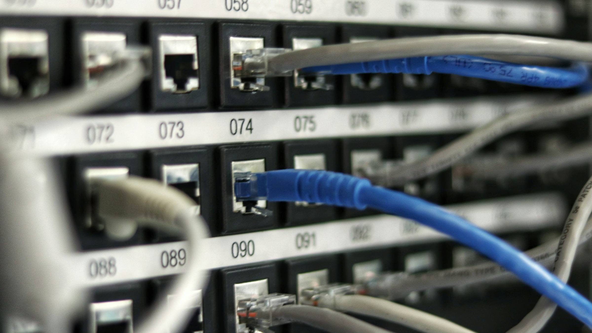 Rows of network servers and cabling in a data hall